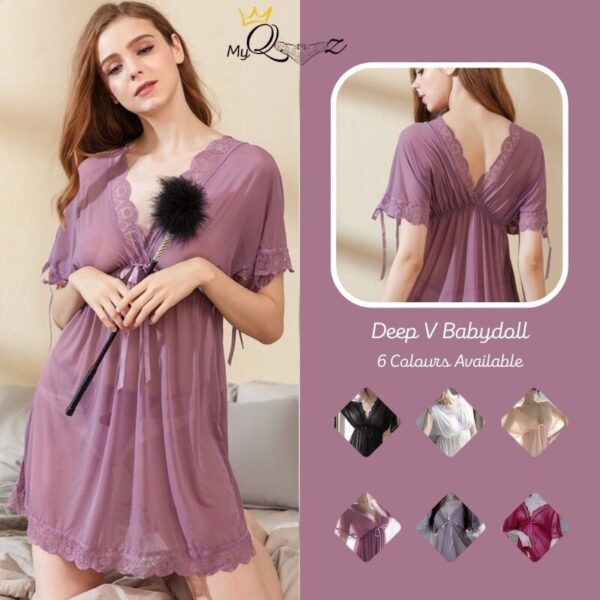 Purple Deep-V Babydoll Dress Sleepwear Lingerie Ready Stock